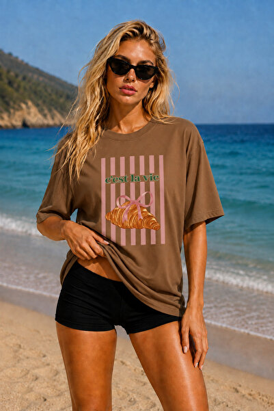 FECCY Premium Cest La Vie Printed Oversize Women's T-Shirt Cotton Oversize T-...