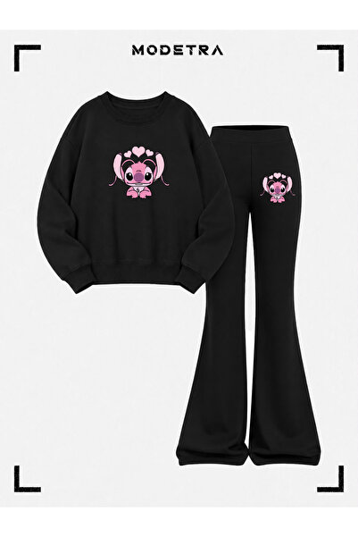 Modetra Girl's Angel Lilo Stitch Printed 2-Piece Black Cotton Winter Crew Nec...
