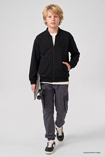 TOMMY LIFE Black Standard Fit College Collar Zippered Basic Boys' Jacket - 11326