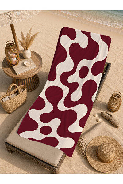 Evmila Prosop de plajă retro burgundy crem cu model abstract organic ondulat ...