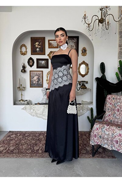 Clothes Fast Women's Black Strappy Long Satin Evening Dress with Lace Detail ...