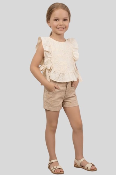 ww waka waka kids store Girl's Cream Lipstick Embroidered Blouse and Star Emb...