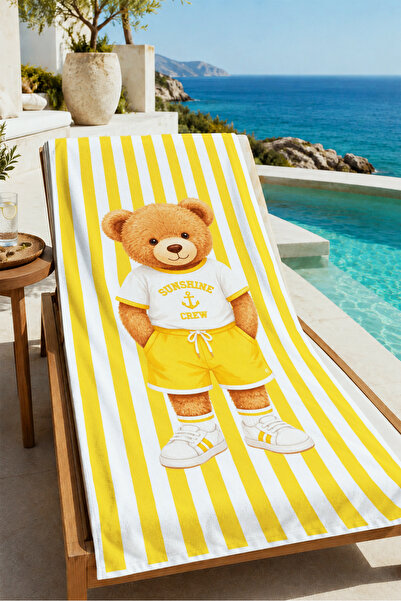 Evmila Cute Teddy Bear Turquoise Minimal Patterned 70X150 Beach Towel - Digit...