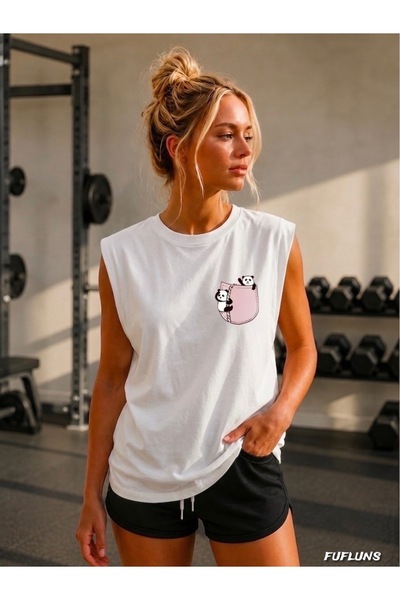 FUFLUNS Cep Panda Printed Women's Regular Fit Crew Neck Sports Sleeveless T-S...