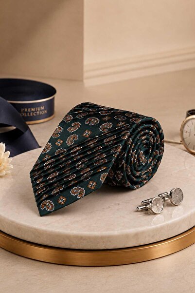 Kravatkolik Green Shawl Pattern Italian Silk Pleated Tie Est247