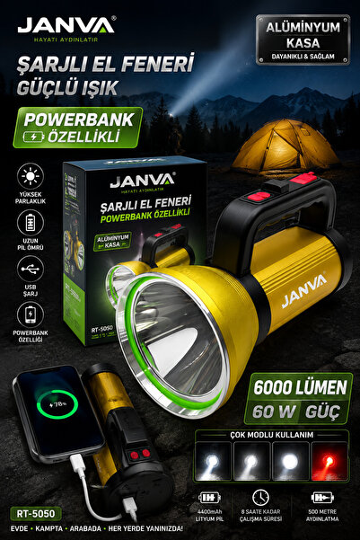 Janva RT-S050 Şarjlı Ultra Güçlü Işık Projektör El Feneri 50W 1000 Lümen Powe...