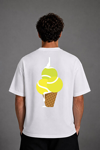VSRN Tricou supradimensionat alb cu imprimeu pe spate, design Tenıs Cream