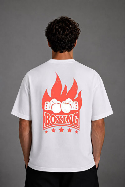 VSRN Flame Boxing Design Back Printed White Oversize T-Shirt