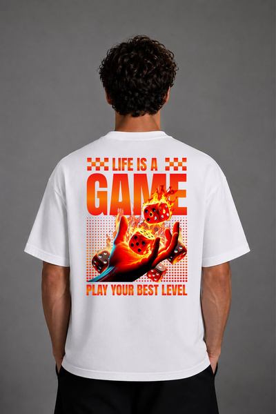 VSRN Μπλουζάκι με σχέδιο Life Is Game, με στάμπα στην πλάτη, λευκό, oversized