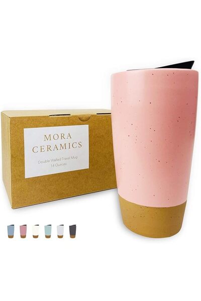 Moralia Mora Double Wall Ceramic Coffee Travel Mug with Lid, 14 oz, Portable,...