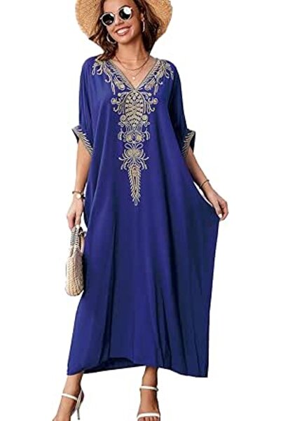 YouKD Summer Cotton Embroidered Floral Loose Caftan Boho Beach Bikini Cover U...