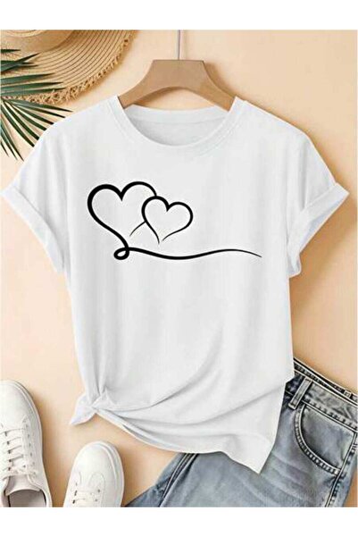 23ERVA Women's Heart Design, Pure Cotton T-Shirt, Summer Casual Wear, Valenti...