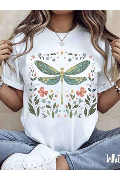 23ERVA Women's Clothing Dragonfly Floral Print TShirt, Shirts, White Top, Gra...