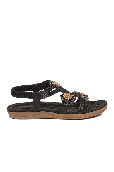 Voyager Women's Black Glittery Beaded and Stone Detailed Wedge Sole Sandals 9...