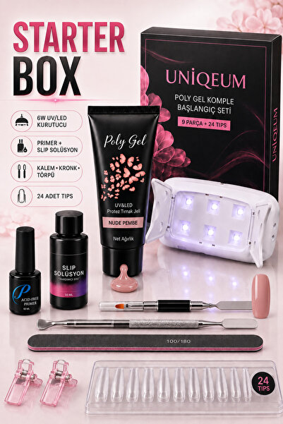 Uniquem Poly Gel Tırnak Uzatma Jel Nude Pembe Oje Starter Box 9 Parça + 24 Tips Seti Uv Led Full Paket