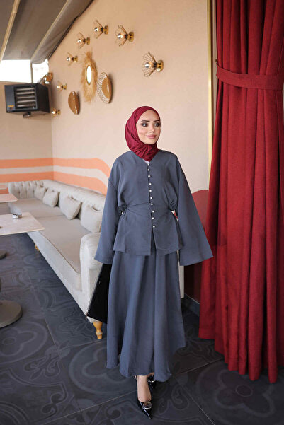 İmajButik Σετ πουκάμισο και φούστα σε ανθρακί χρώμα με δέσιμο στη μέση