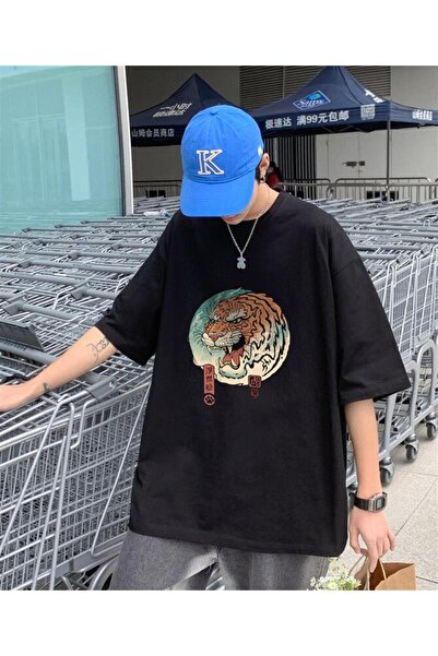 DEEFWEAR Mi̇ngalondon Tiger Art Black Unisex Oversize T-Shirt