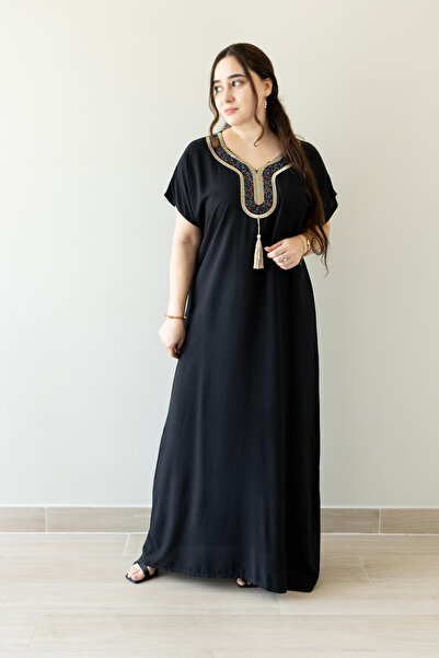 LINELLE Black Gold Embroidered Tassel Jalabiya