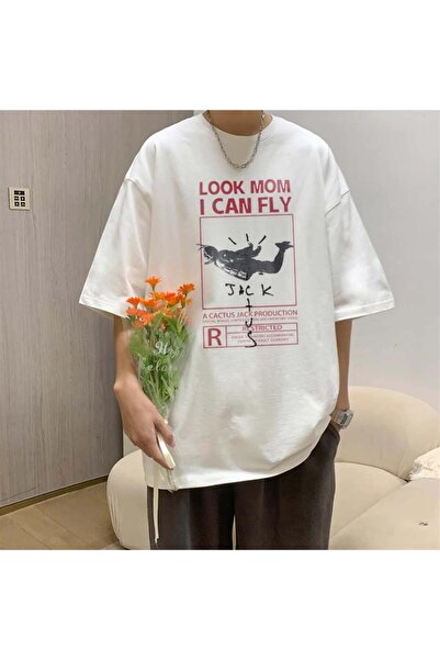 DEEFWEAR Mi̇ngalondon'Look Mom I Can Fly' White Unisex Oversize T-Shirt