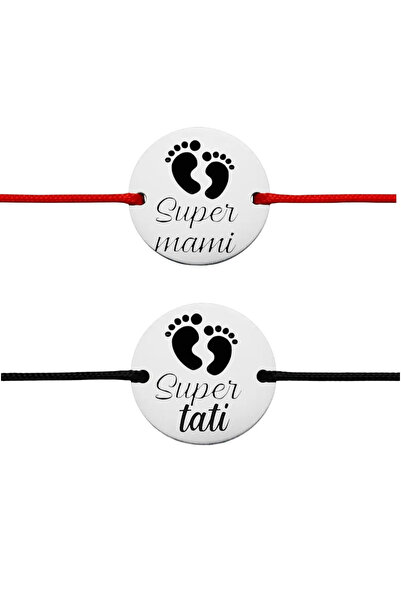 OEM Set de brățări Monedă AG925 14mm "Super Mami & Super Tata" - șnur reglabil