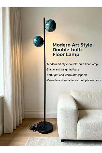 Generic Modern art style double-bulb floor lamp, equipped with a turquoise gl...