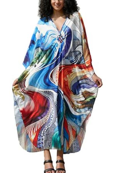 YouKD Women's Pirnt Floral Long Kaftan Maxi Dress Pluse Size Bikini Beach Cov...
