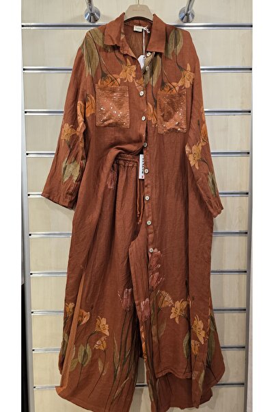 Park Moda Italian Linen Set Long Tunic Shirt Pants with Sequin Detail