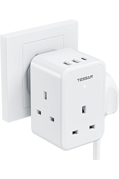 TESSAN محول شاحن كهربائي SA، مقبس تمديد ثلاثي المنافذ مع 3 منافذ (2 USB A و 1...