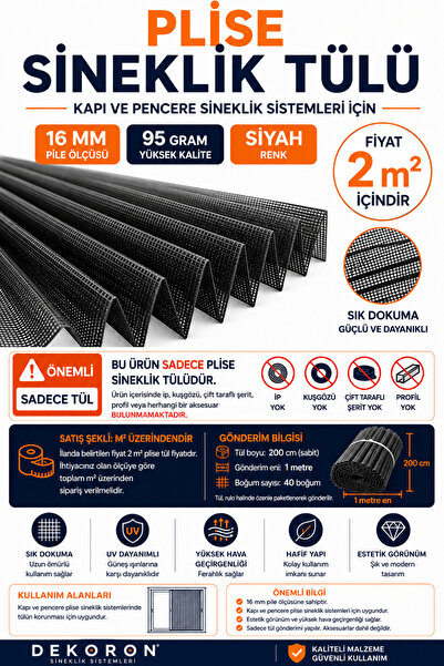 DEKORON Plise Sineklik Tülü 95 Gr 16 mm Siyah 2 m² – 200x100 cm 40 Boğum