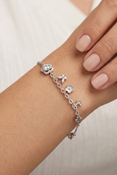 Söğütlü Silver 925 Ayar Gümüş Bileklik Katmanlı Gül Ve Sallantılı Kelebek Fig...