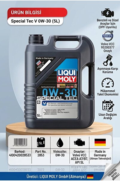 Liqui Moly 0W30 Motor Yağı Special Tec Volvo 5 Litre (2853) DPF DİZEL & BENZİ...