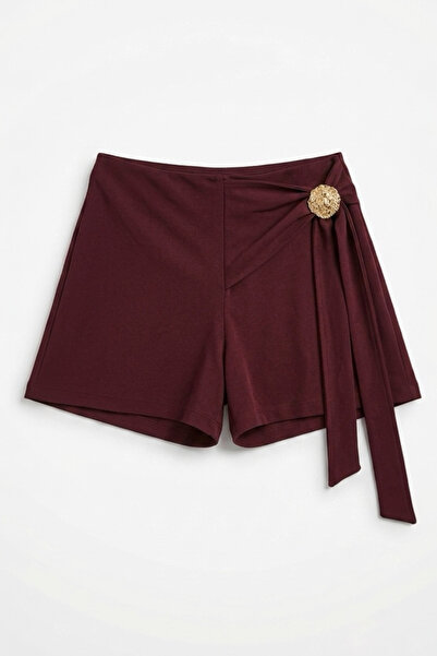 FEG STORE Women's Burgundy Gold Buckle Tie-Up Tencel Shorts