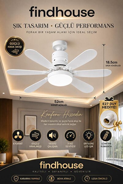 findhouse 6 Kanatlı Tavan Vantilatörü 3 Farklı Renk Led Lamba E27 Duy HEDİYE ...