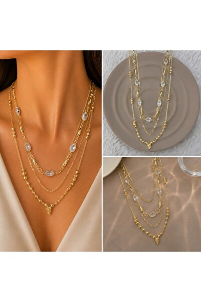 BY YASİN TOPÇU Gold Renk Oval Taş Detaylı Çoklu Zincir Kolye