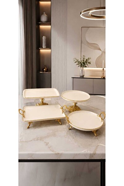 Buldem 4 Piece Porcelain Presentation Set with Gold Detail – Cream White Styl...