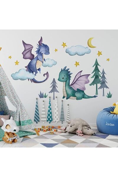 EXCEFORE Blue Watercolor Elephant Wall Decals, Sweet Dream Sticker with Moon ...