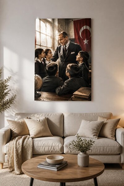 Atatürk ve Çocuklar Baskılı Cam Tablo – Tarihi Dekoratif Duvar Tablosu