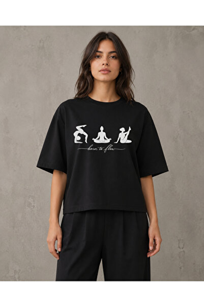 fingerjewerly Born To Flow Yoga Baskılı Oversize Tişört Unisex Pilates Medita...