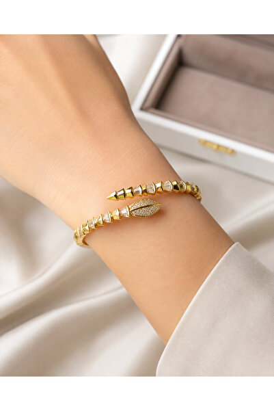 Belasso Vip Gold Color Zircon Stone Snake Model Women's Handcuff Bracelet