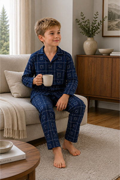 Free Beka Plaid Pattern Long Sleeve Shirt Collar Buttoned Boys' Pajama Set