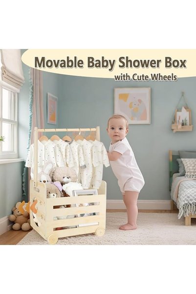 Generic Wooden Baby Shower Crate Closet Baby Storage Crate with Wheels and Handle, Baby Shower Gifts Basket