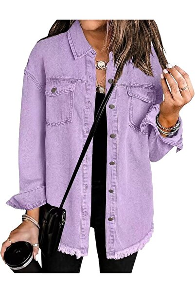 Generic Women's Casual Denim Jackets Frayed Hem Washed Button Jean Jacket Dis...