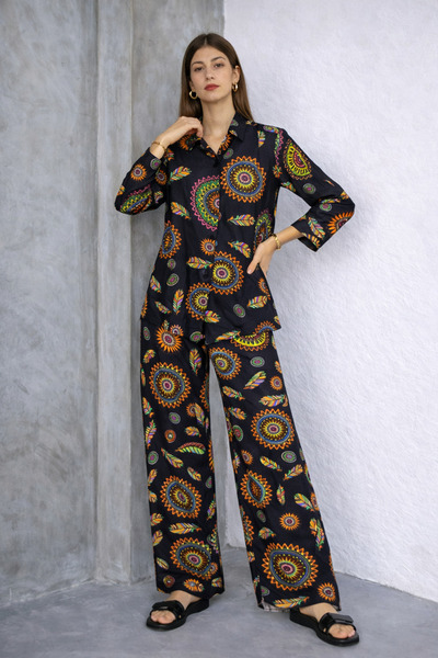 SheLoria Set de damă din viscoză, negru, cu model, pentru partea inferioară ș...