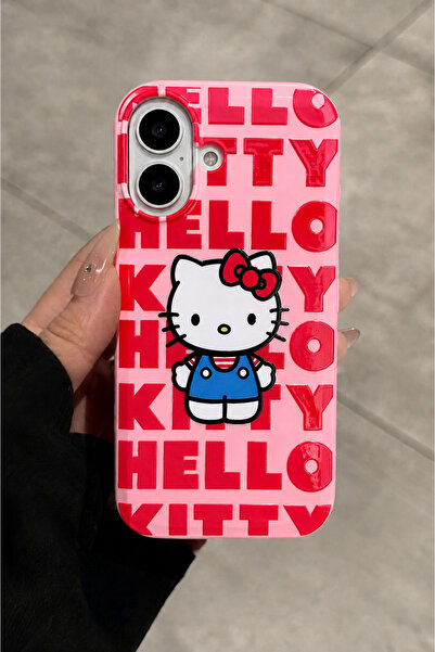 MustCase iPhone 16 / 17 Uyumlu Pembe Hello Kitty Desenli Kırmızı Kabartmalı S...