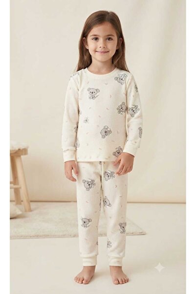 Desenli Uzun Kollu Kız Çocuk Pamuklu Pijama Takımı