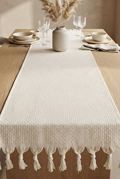 cottoncloth Zigzag Patterned Textured Tasseled Tablecloth Decorative Living R...