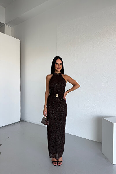 KAMACI BUTİK HALTER YAKA FLOK BASKILI ELBİSE