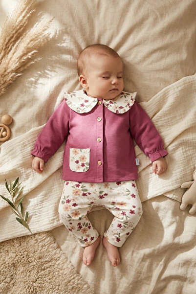 Babydonat Baby Girl Fuchsia Floral Detailed Baby Collar Buttoned Cardigan and...
