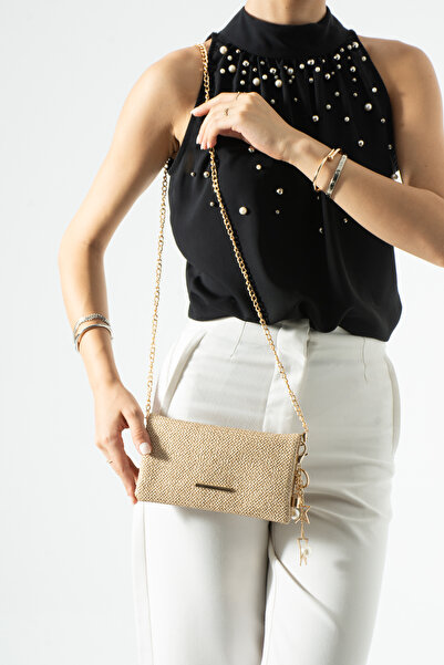 DEV 3 ADAM Beige Wallet Bag with Chain Strap and Buckle Women's Crossbody Bag