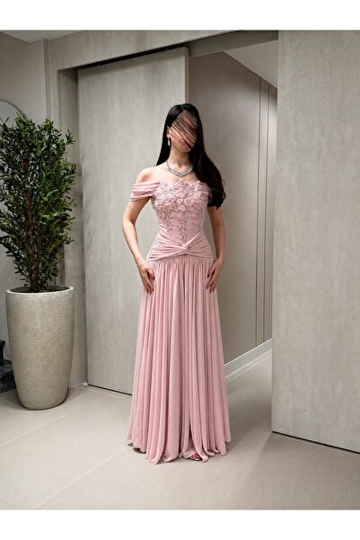 Jood Pink Evening Gown with Pink Embroidery and Off-The-Shoulder Design